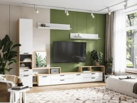 Модульная стенка Санса (дуб сонома/белый) в Безменово - bezmenovo.mebel-nsk.ru | фото